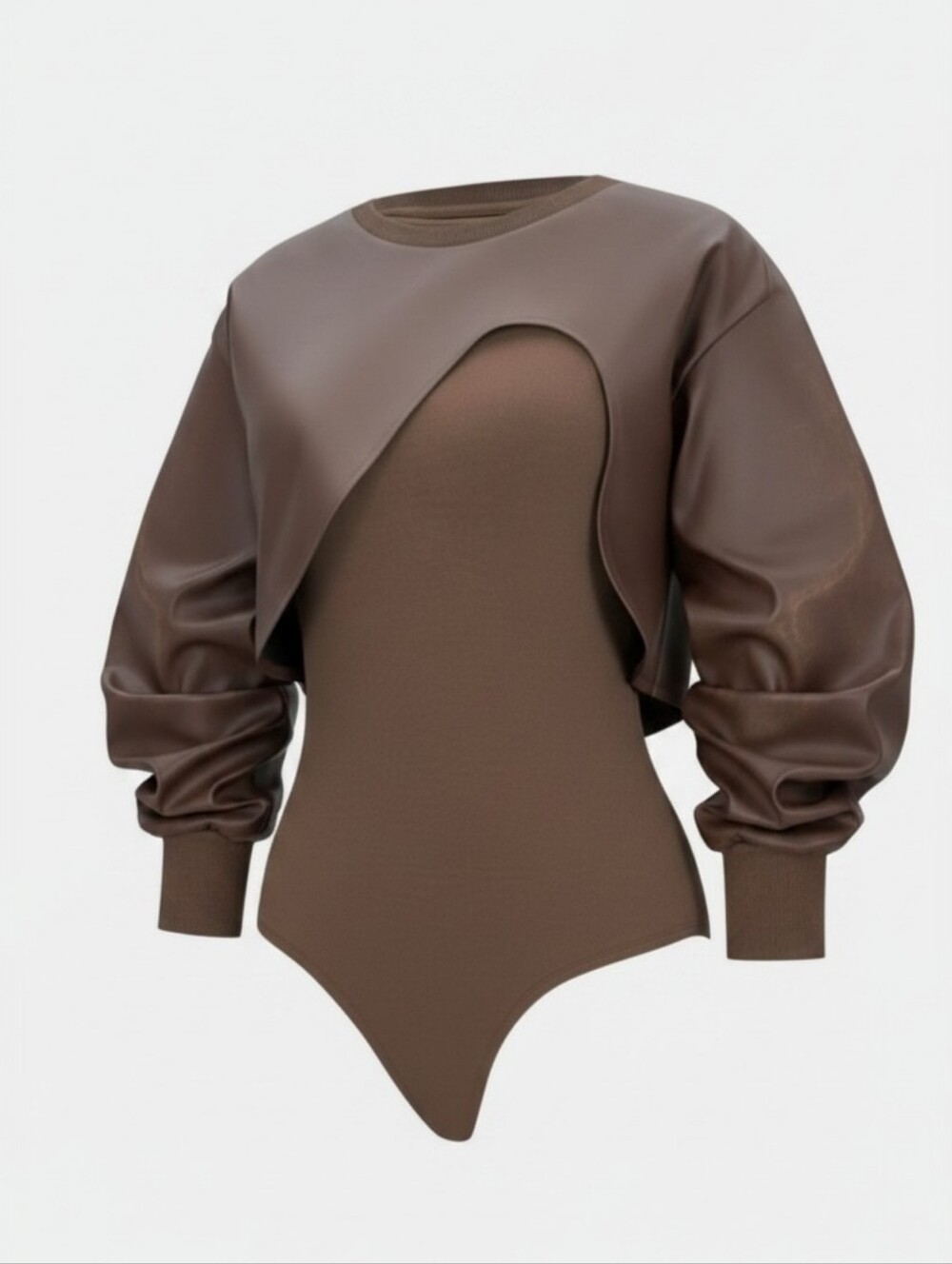 Cropped Faux-Leather Overlay Bodysuit ▪︎ Chocolate